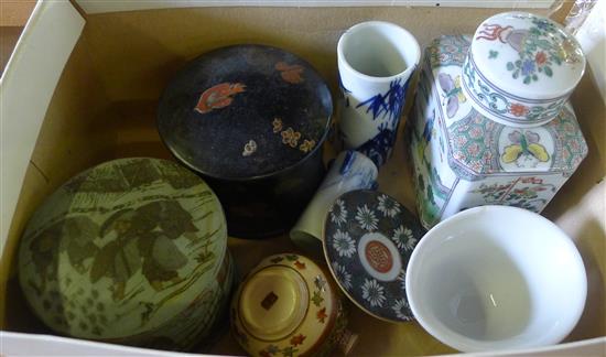 2 papier mache pots, tea caddies etc